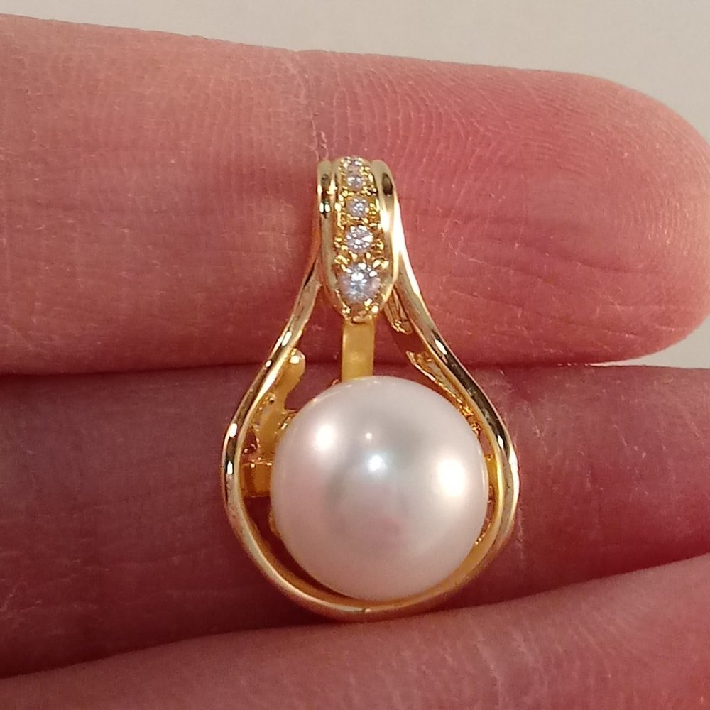 Gold 925 Silver Diamond Zircon Real White South Sea Pearl Necklace Pendant AAAAA